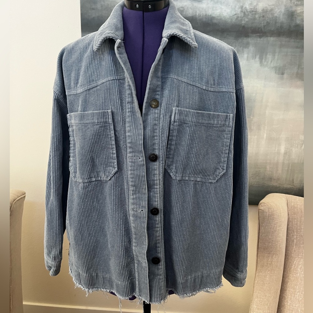 ZARA Light Blue Corduroy Oversized Raw Edge Shacket Jacket Size Medium - Picture 3 of 8